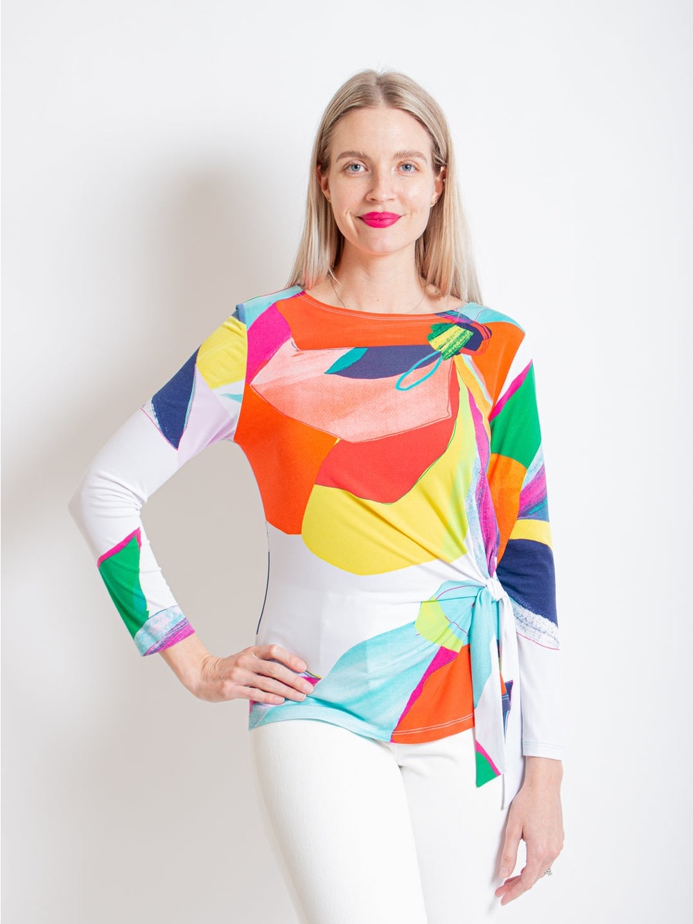 Clara Sun Woo Sunburst Petal Side Tie Waist Top Multicolor Abstract Print L
